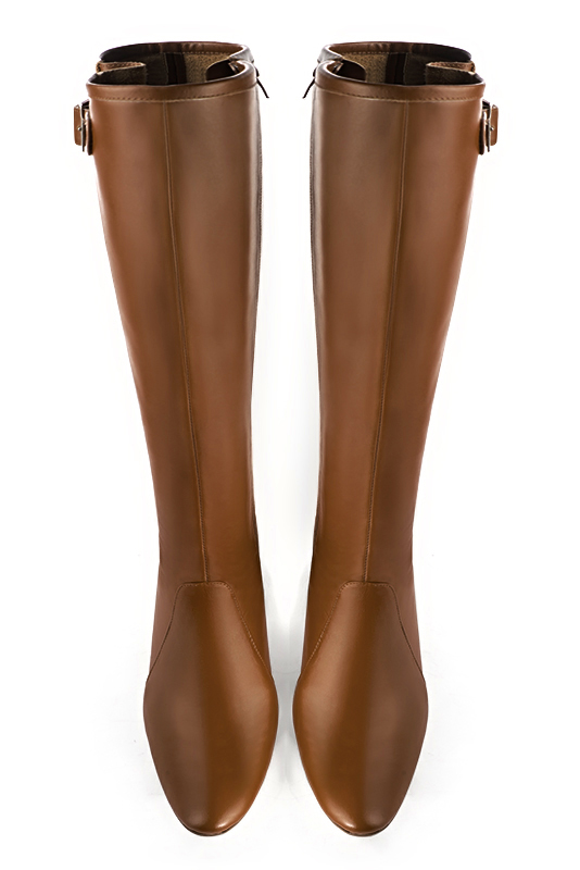 Caramel brown women's knee-high boots with buckles. Round toe. High block heels. Made to measure. Top view - Florence KOOIJMAN